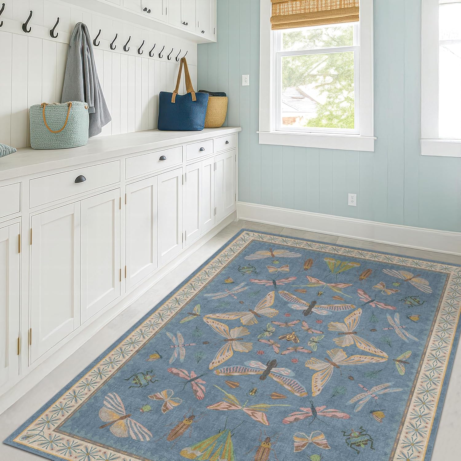 Living Room Rug Black Boho 6x9 - Dining Room Rugs for Under Table, Bedroom, Insect Bug Eclectic Home Décor, Washable Non Slip Foldable