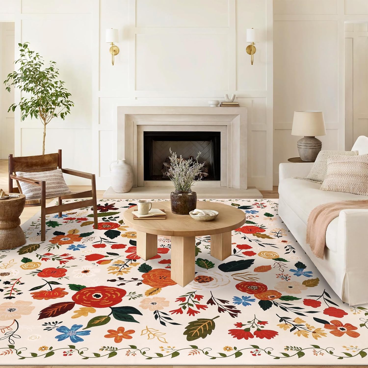 U'Artlines Boho Vintage Area Rug 8x10 Machine Washable Low Pile Soft Floor Carpet Non Slip Non Shedding Accent Rug for Living Room Bedroom Entryway Dining Room Office Cream Tan