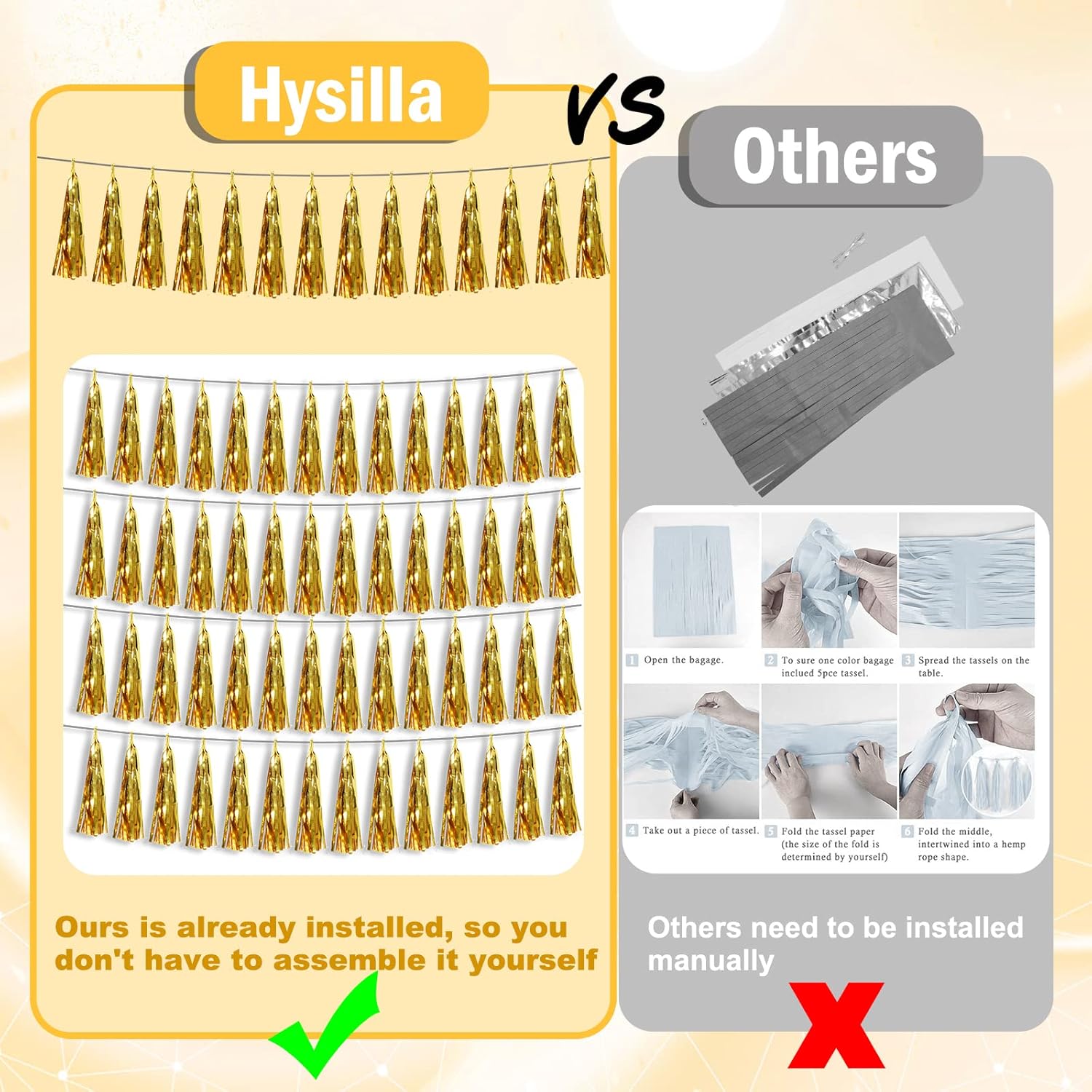 6P Gold Party Decoration Tassel Garland for Parade Floats, Bachelorette, Wedding, Birthday, Halloween, Christmas, Bridal/Baby Shower Party Decorations