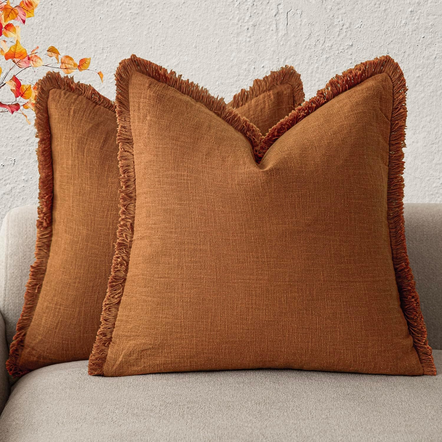 Foindtower Set of 2 Decorative Linen Fringe Throw Pillow Covers Cozy Boho Farmhouse Cushion Cover with Tassels Soft Accent Pillowcase for Couch Sofa Living Room Home Decor, 26×26 Inch, Natural Beige