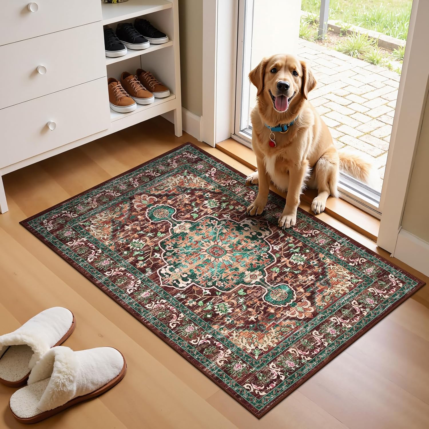 U'Artlines Boho Vintage Area Rug 8x10 Machine Washable Low Pile Soft Floor Carpet Non Slip Non Shedding Accent Rug for Living Room Bedroom Entryway Dining Room Office Cream Tan