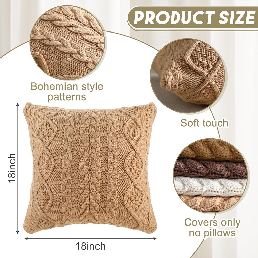 Tegeme Decorative Cable Knit Pillow Covers 18x18 Inch Neutral Sweater Couch Pillow Covers Winter Farmhouse Boho Pillowcase Square Warm Cushion Pillowcases for Bedroom Living Room Sofa