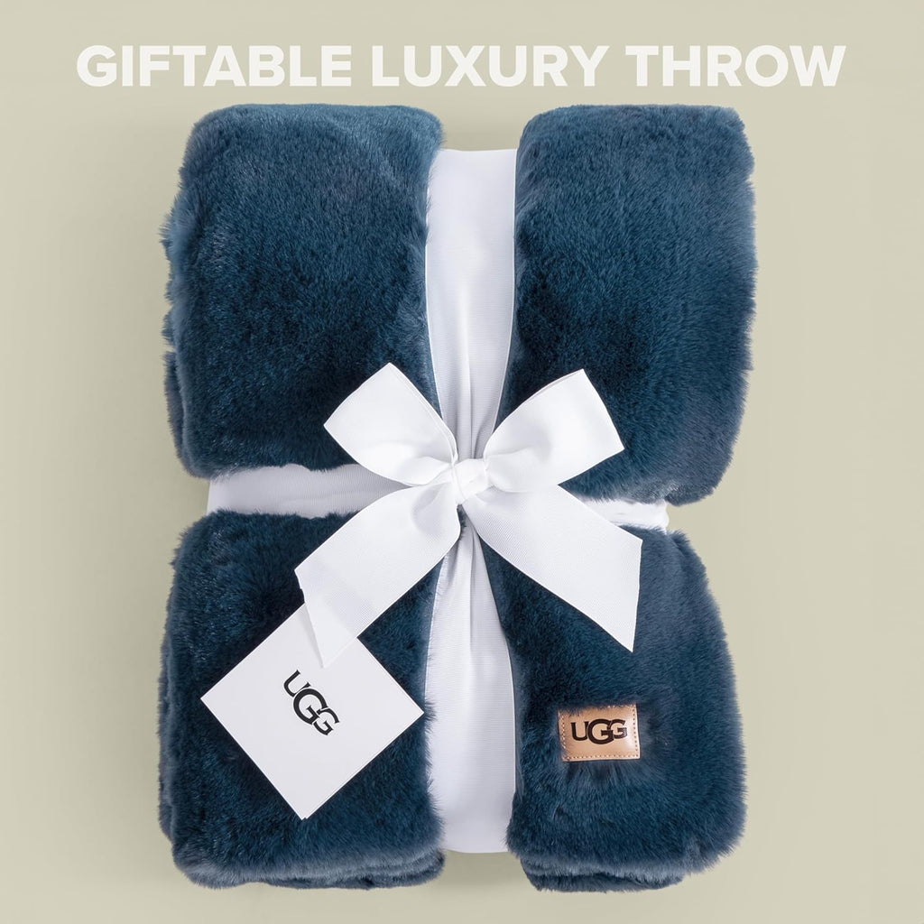 UGG Euphoria Faux Fur Throw Blanket, Soft Warm Throw Blankets for Couch or Bed, Luxury Bedroom Decor, Giftable Fuzzy Blankets, Machine Washable, 50-inch x 70-inch, Indigo Blue