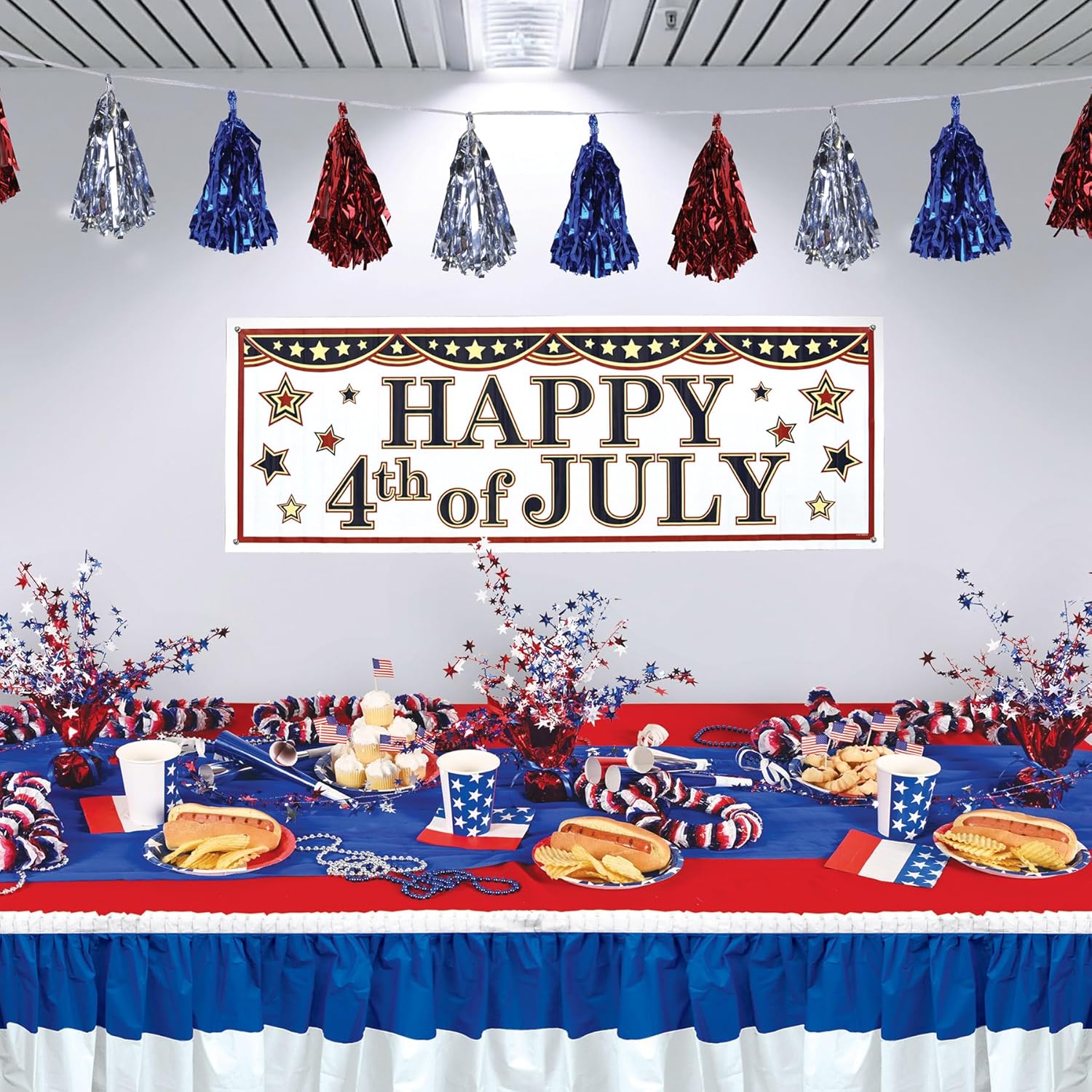 Beistle Beistle , 2 Piece Metallic Tassel Garlands, 9.75" x 8', 9.75" x 8', Red/Silver/Blue