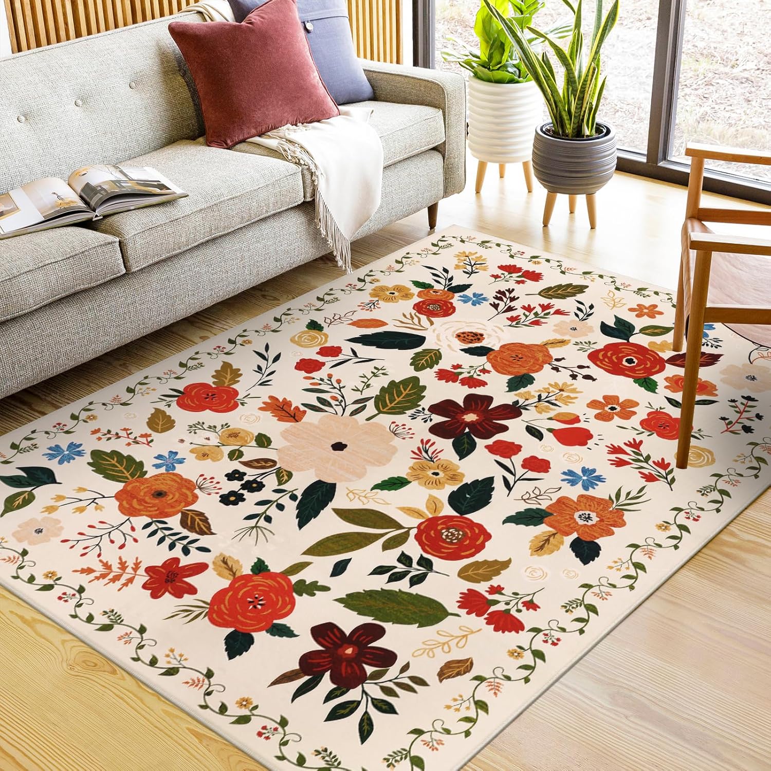 U'Artlines Boho Vintage Area Rug 8x10 Machine Washable Low Pile Soft Floor Carpet Non Slip Non Shedding Accent Rug for Living Room Bedroom Entryway Dining Room Office Cream Tan