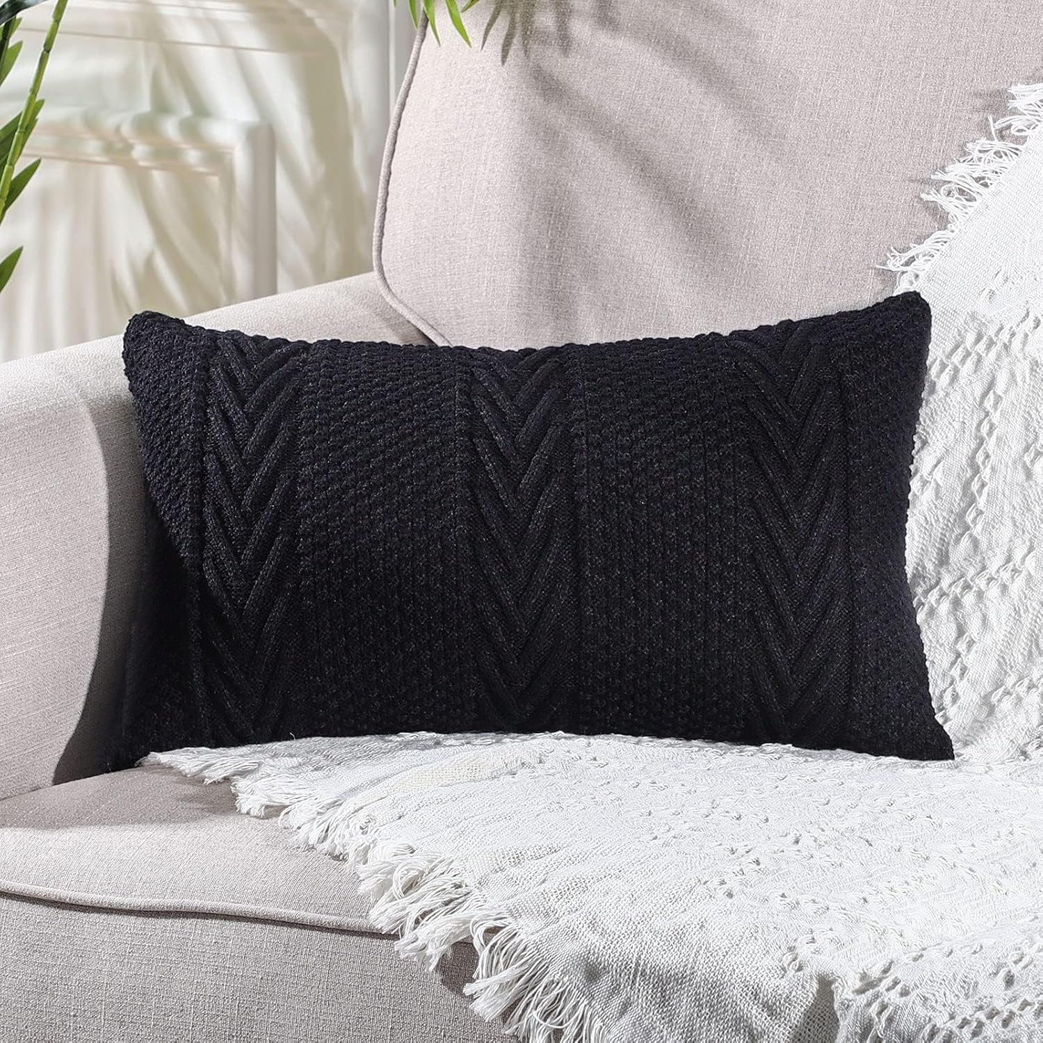 MANDIOO Cotton Knitted Decorative Throw Pillow Covers Soft Cozy Outdoor Cushion Cases Luxury Modern Pillowcases for Couch Sofa Bed 24x24 Inches Beige