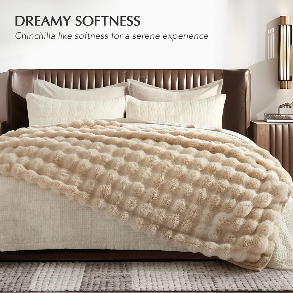 EverGrace Ultra Soft Luxury Fluffy Faux Rabbit Fur Throw Blanket, Thick Warm Bubble Throw for Bed, Cozy Plush Reversible Blankets for Couch, Chair, Sofa, Cream, 60x80 Inches