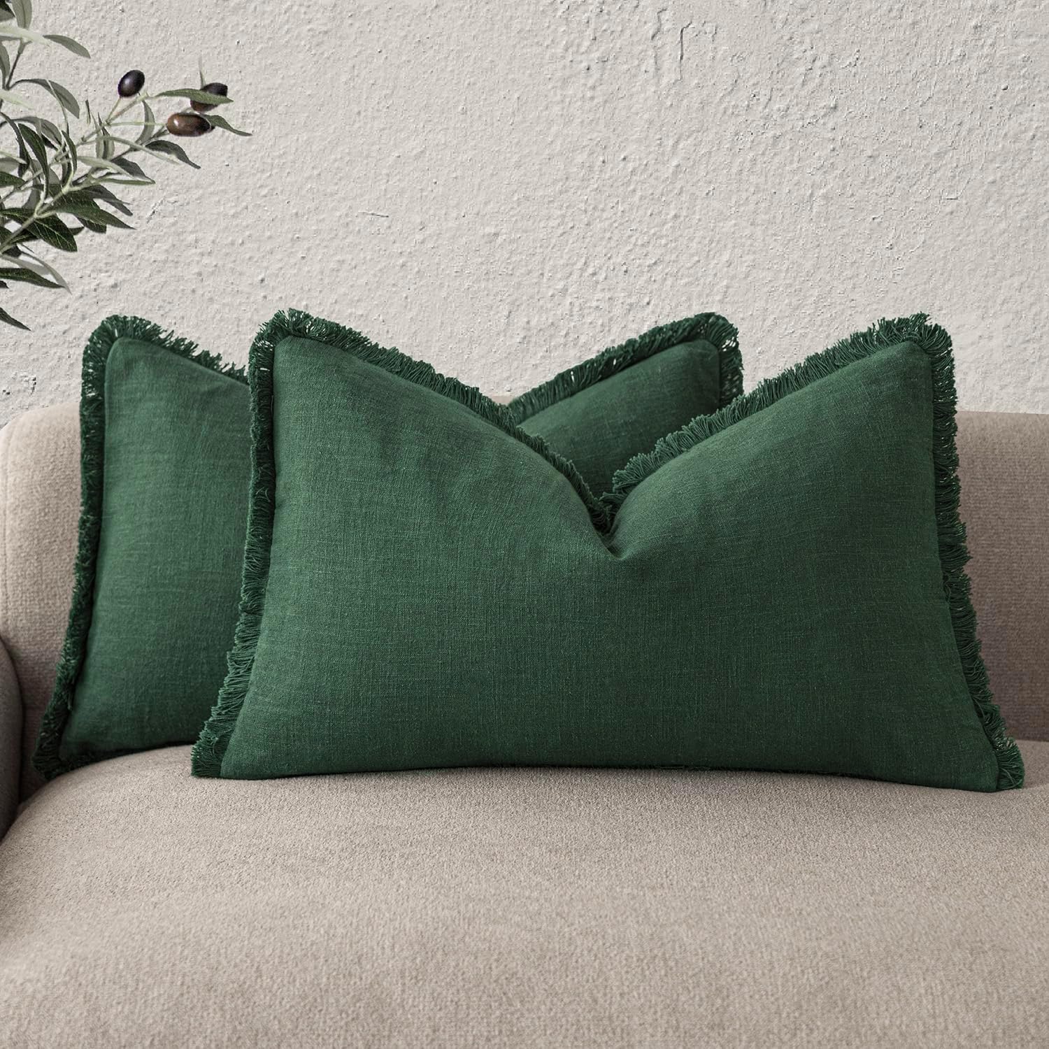 Foindtower Set of 2 Decorative Linen Fringe Throw Pillow Covers Cozy Boho Farmhouse Cushion Cover with Tassels Soft Accent Pillowcase for Couch Sofa Living Room Home Decor, 26×26 Inch, Natural Beige