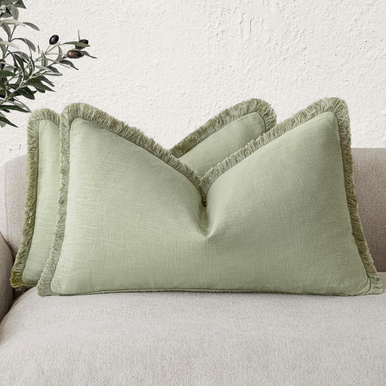 Foindtower Set of 2 Decorative Linen Fringe Throw Pillow Covers Cozy Boho Farmhouse Cushion Cover with Tassels Soft Accent Pillowcase for Couch Sofa Living Room Home Decor, 26×26 Inch, Natural Beige