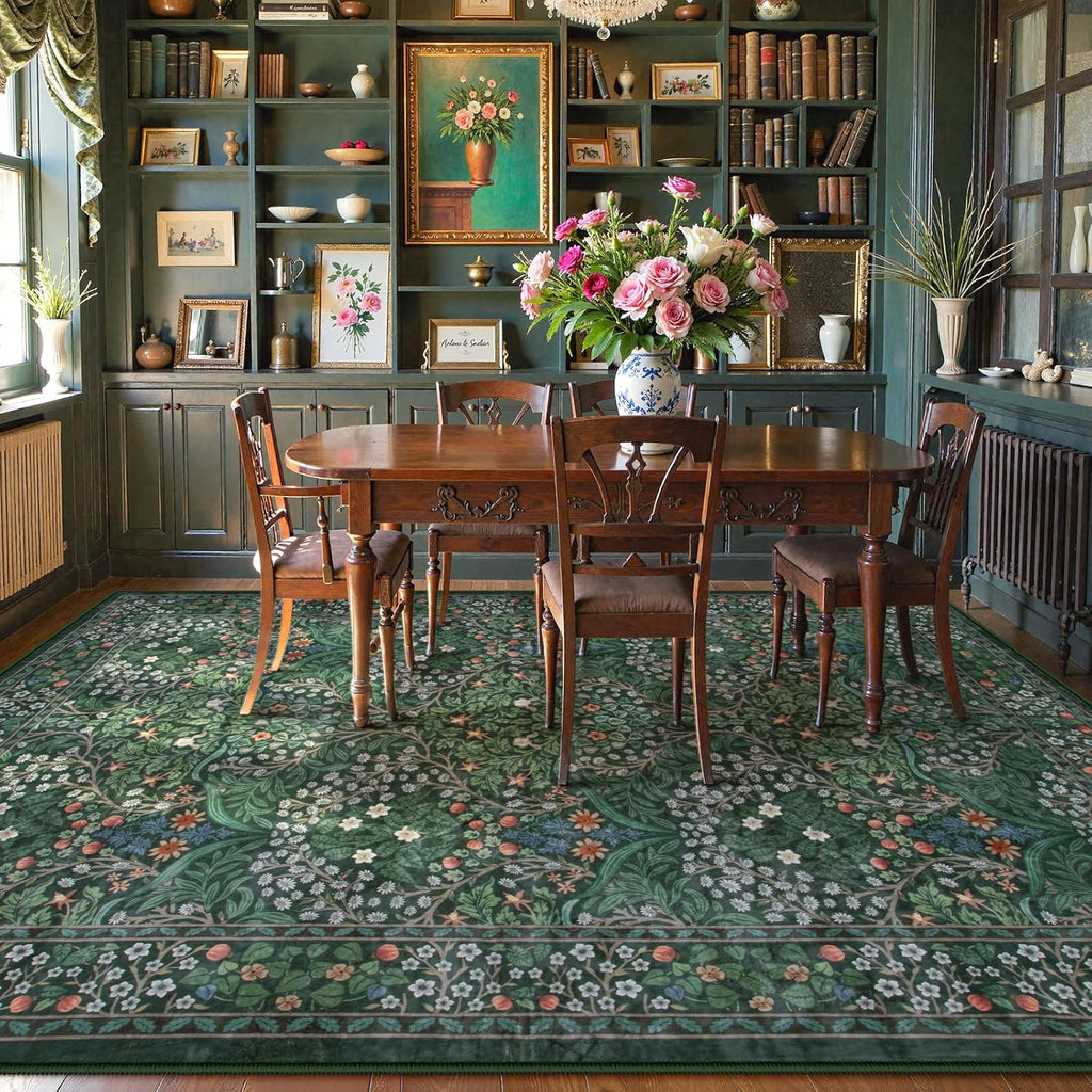 Lahome Floral Dark Green Area Rugs 8x10, Soft 8x10 Washable Rugs for Living Room Bedroom, Boho Non-Slip Forest Large Throw Carpet for Farmhouse Dining Room Office, Dark Green