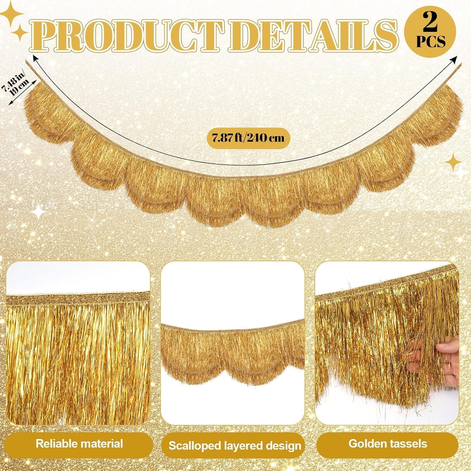 2 Pcs 7.87 ft Gold Fringe Banner, Scalloped Layered Tassel Banner, Gold Fringe Galand Party Decoration Backdrop Photo Booth for Holiday Birthday Bachelorette Wedding Bridal Shower Disco