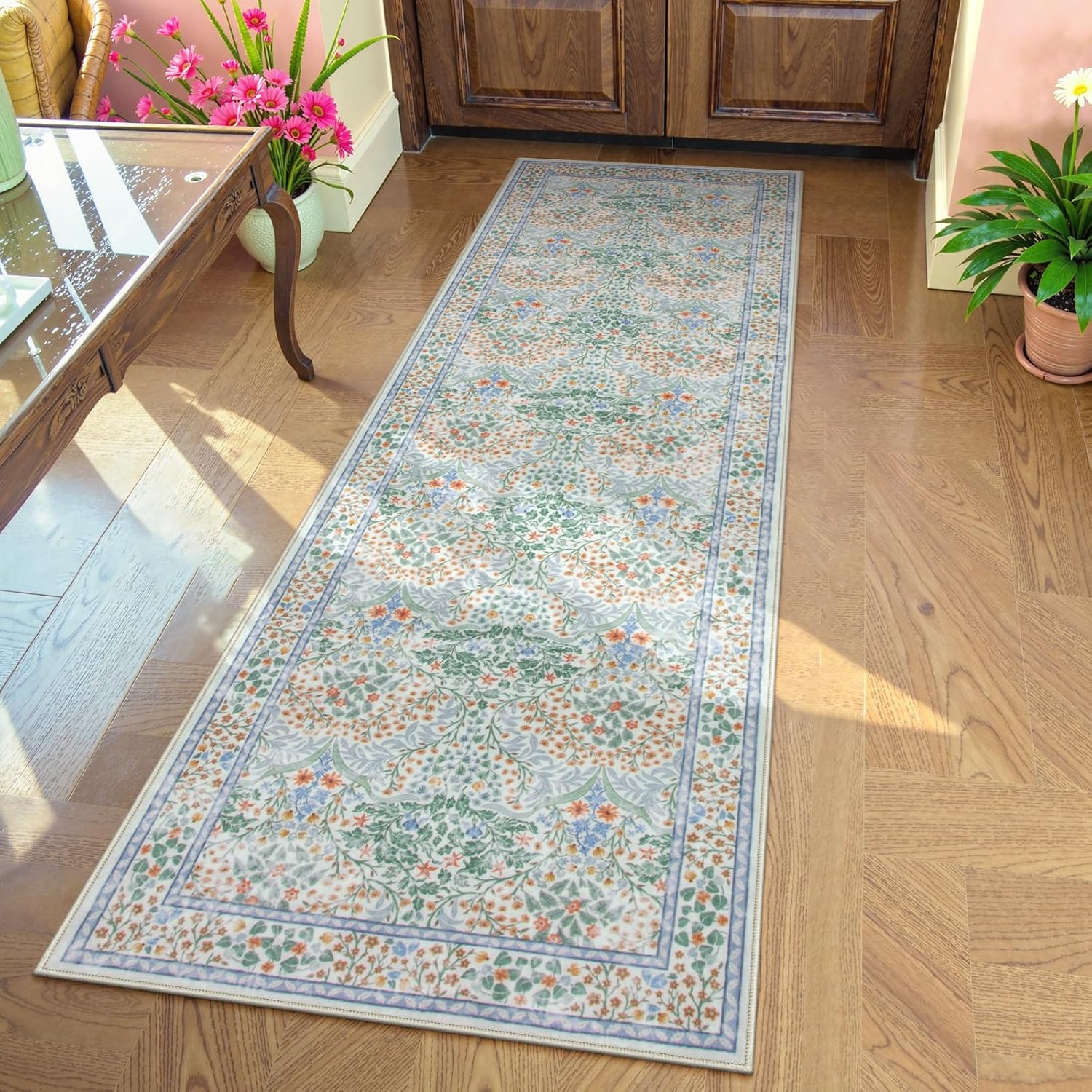 Lahome Floral Dark Green Area Rugs 8x10, Soft 8x10 Washable Rugs for Living Room Bedroom, Boho Non-Slip Forest Large Throw Carpet for Farmhouse Dining Room Office, Dark Green