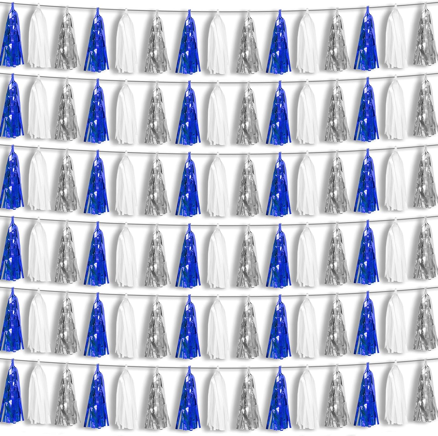 6P Navy-Blue White-Silver Tassel Garland Banner, Tassels Banner Streamers for Parade Floats, Bachelorette, Wedding, Birthday, Graduation, Christmas, Bridal/Baby Shower Party Decorations