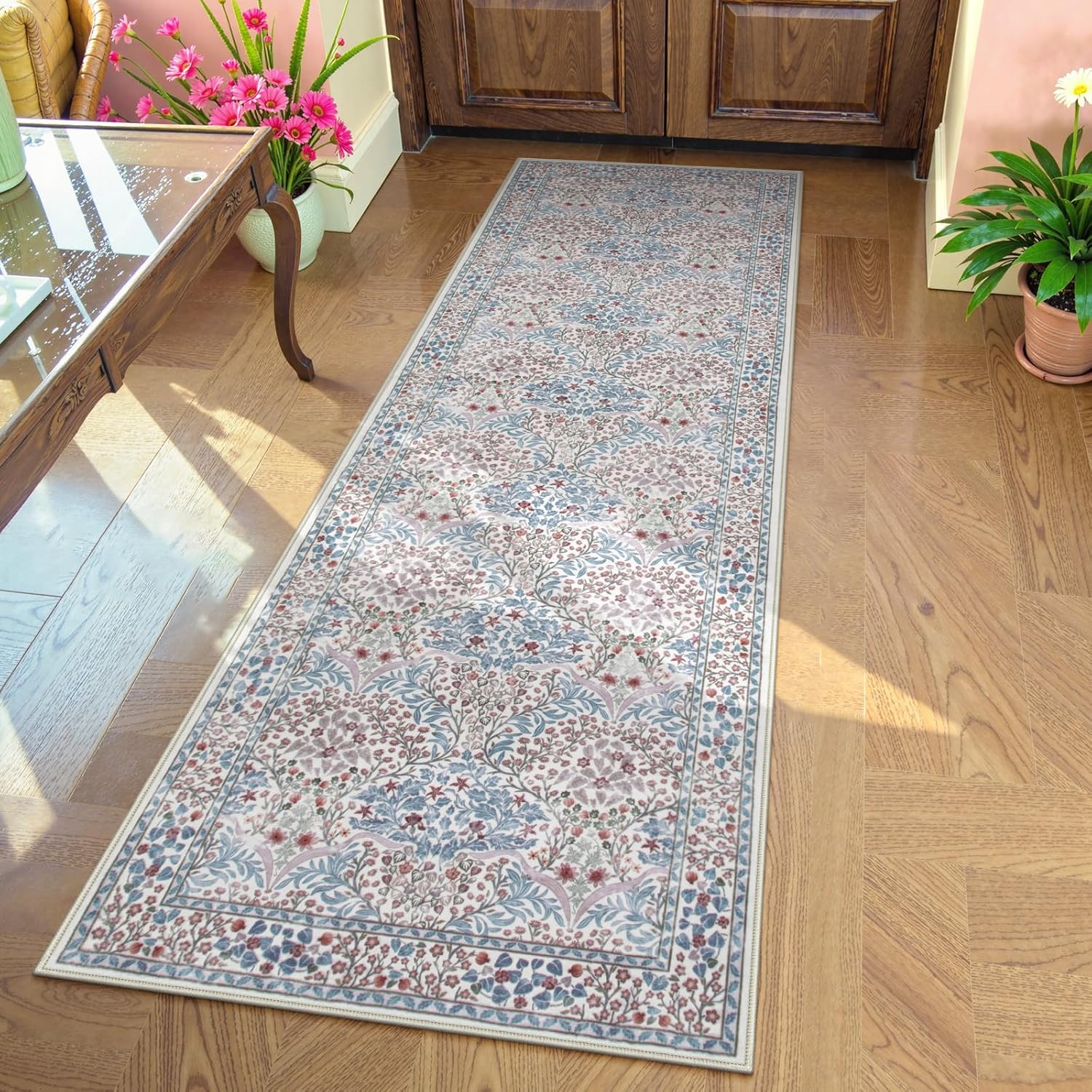 Lahome Floral Dark Green Area Rugs 8x10, Soft 8x10 Washable Rugs for Living Room Bedroom, Boho Non-Slip Forest Large Throw Carpet for Farmhouse Dining Room Office, Dark Green