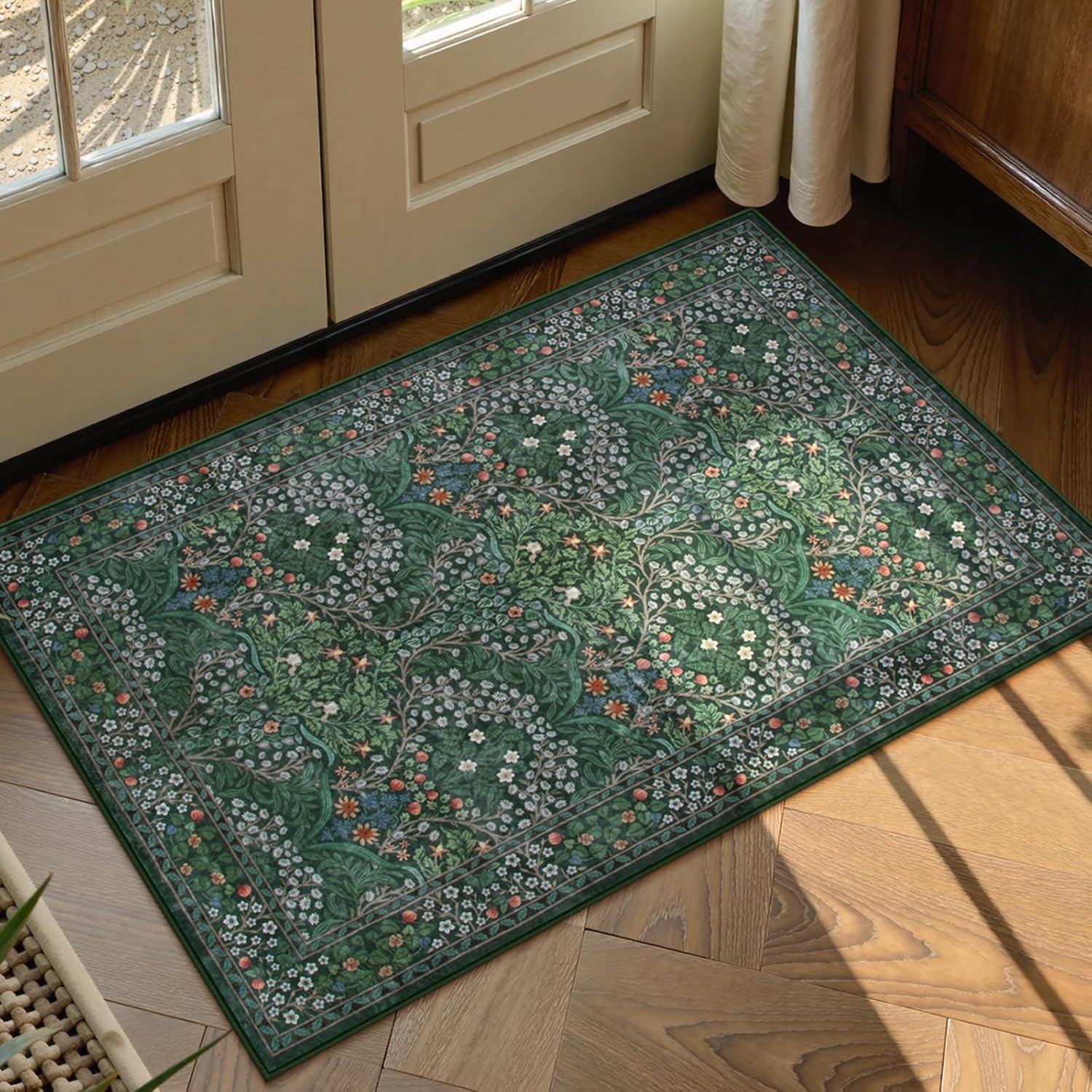 Lahome Floral Dark Green Area Rugs 8x10, Soft 8x10 Washable Rugs for Living Room Bedroom, Boho Non-Slip Forest Large Throw Carpet for Farmhouse Dining Room Office, Dark Green