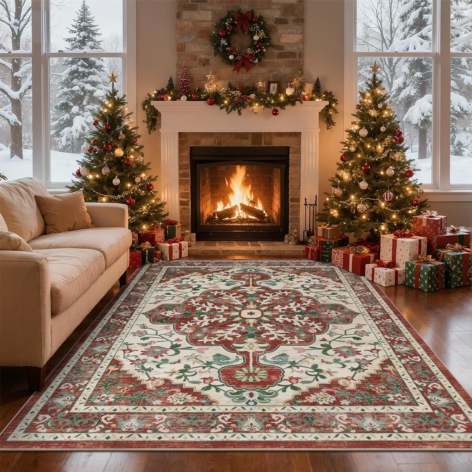 U'Artlines Boho Vintage Area Rug 8x10 Machine Washable Low Pile Soft Floor Carpet Non Slip Non Shedding Accent Rug for Living Room Bedroom Entryway Dining Room Office Cream Tan