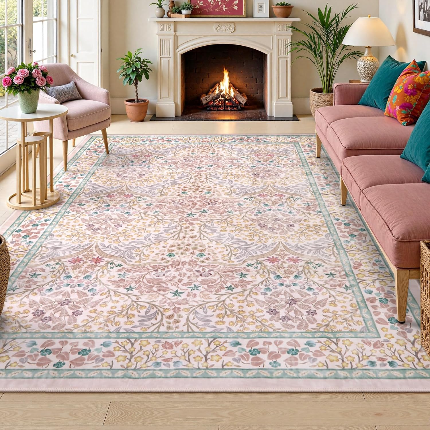 Lahome Floral Dark Green Area Rugs 8x10, Soft 8x10 Washable Rugs for Living Room Bedroom, Boho Non-Slip Forest Large Throw Carpet for Farmhouse Dining Room Office, Dark Green