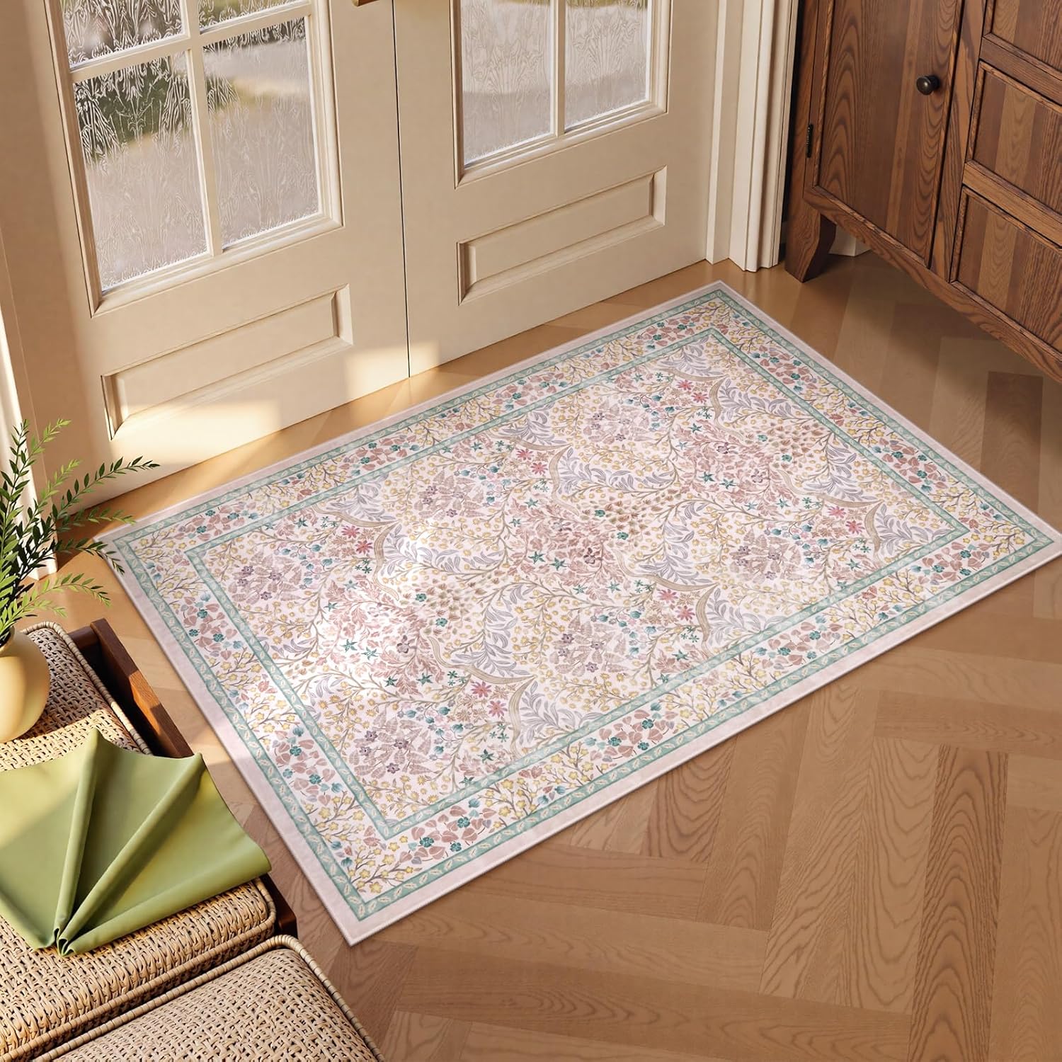 Lahome Floral Dark Green Area Rugs 8x10, Soft 8x10 Washable Rugs for Living Room Bedroom, Boho Non-Slip Forest Large Throw Carpet for Farmhouse Dining Room Office, Dark Green