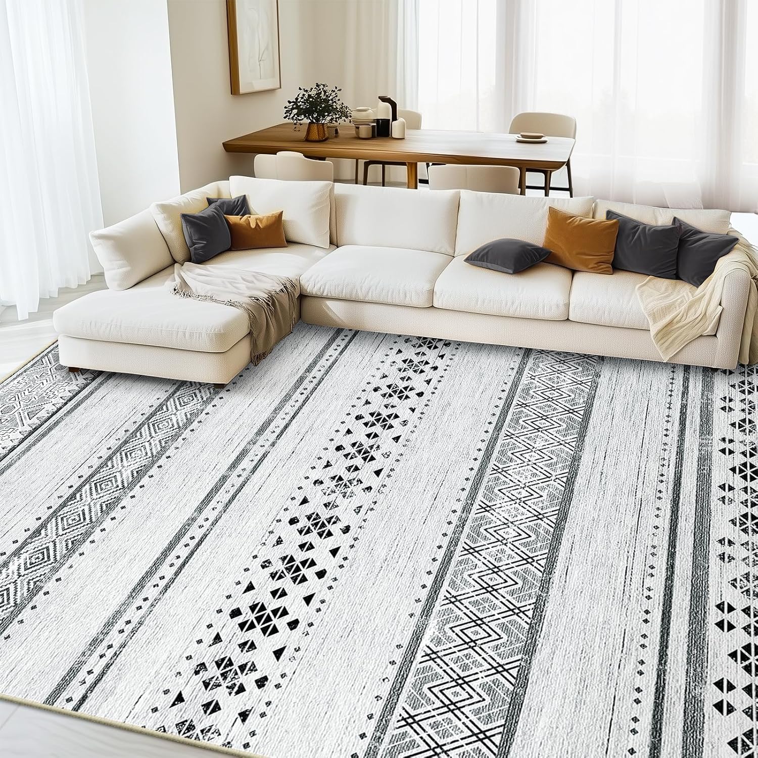 BESTSWEETIE 8x10 Area Rugs for Living Room Washable Moroccan Farmhouse Neutral Geometric Low Pile Non-Slip Soft Print Pattern Rug for Bedroom Kitchen Dining Room Entryway Black/White