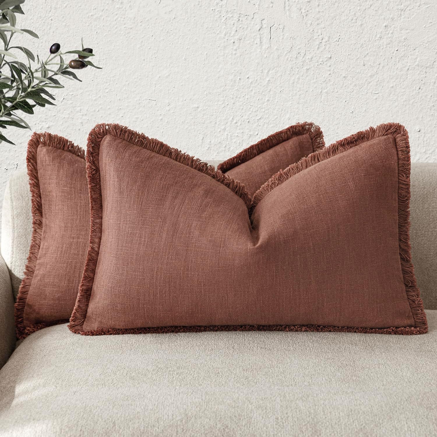 Foindtower Set of 2 Decorative Linen Fringe Throw Pillow Covers Cozy Boho Farmhouse Cushion Cover with Tassels Soft Accent Pillowcase for Couch Sofa Living Room Home Decor, 26×26 Inch, Natural Beige