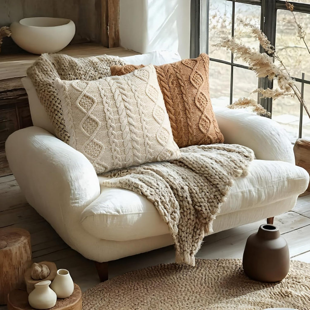 Tegeme Decorative Cable Knit Pillow Covers 18x18 Inch Neutral Sweater Couch Pillow Covers Winter Farmhouse Boho Pillowcase Square Warm Cushion Pillowcases for Bedroom Living Room Sofa