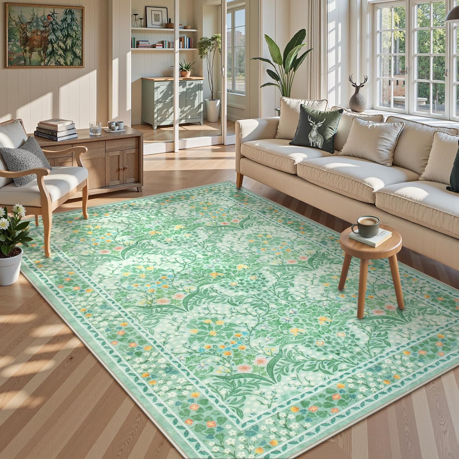 Lahome Floral Dark Green Area Rugs 8x10, Soft 8x10 Washable Rugs for Living Room Bedroom, Boho Non-Slip Forest Large Throw Carpet for Farmhouse Dining Room Office, Dark Green