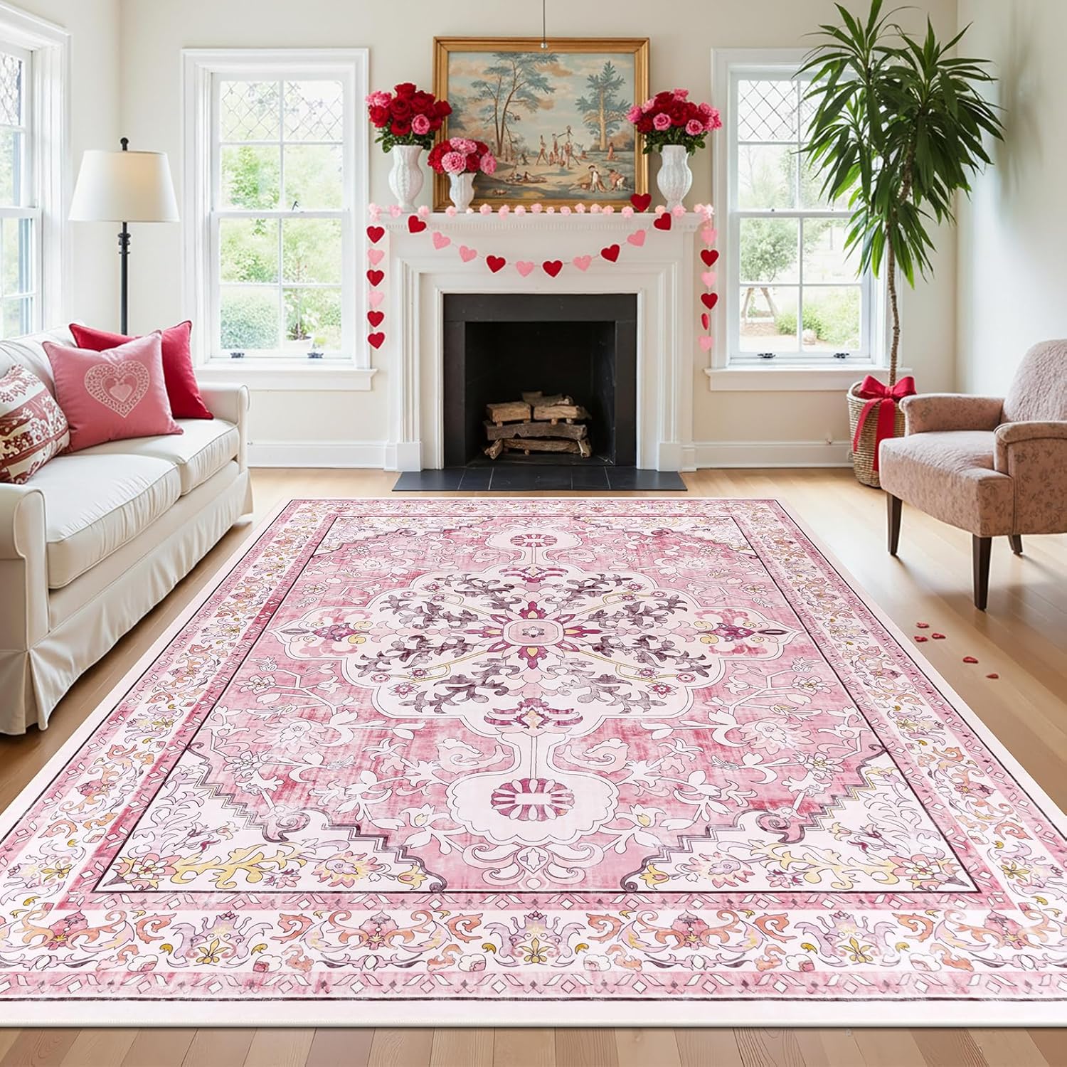 U'Artlines Boho Vintage Area Rug 8x10 Machine Washable Low Pile Soft Floor Carpet Non Slip Non Shedding Accent Rug for Living Room Bedroom Entryway Dining Room Office Cream Tan