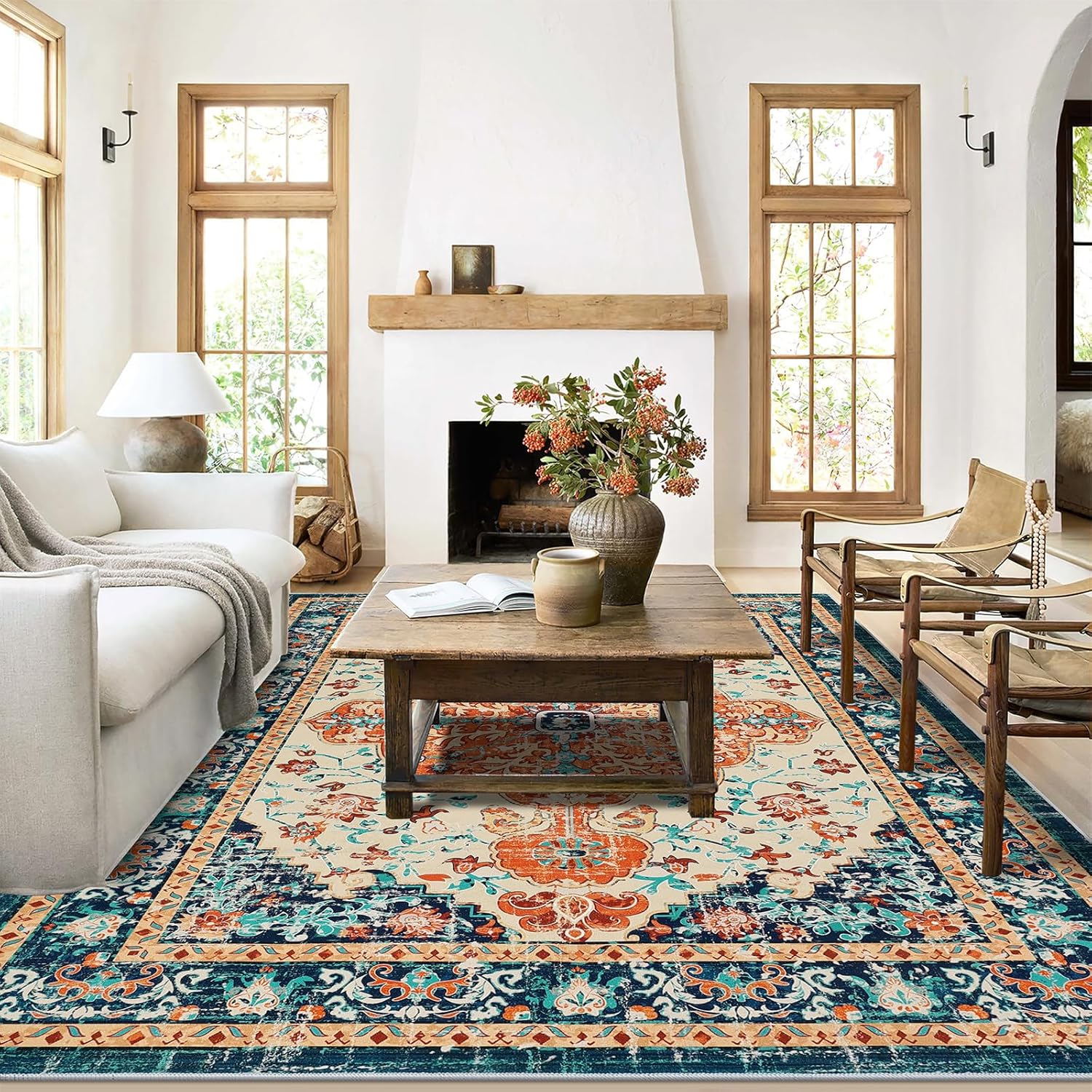 U'Artlines Boho Vintage Area Rug 8x10 Machine Washable Low Pile Soft Floor Carpet Non Slip Non Shedding Accent Rug for Living Room Bedroom Entryway Dining Room Office Cream Tan