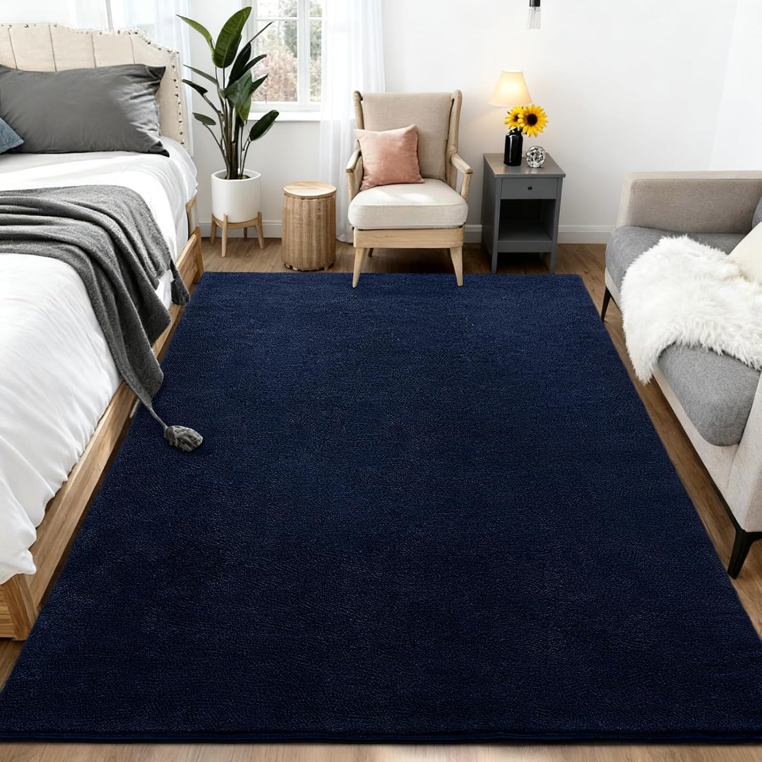 Large Area Rugs for Bedroom Living Room - 8x10 Feet Ultra Soft Navy Blue Rug Thickened with Memory-Foam, Solid Modern Minimalist Carpets for Home Decor, Non-Slip and Comfy Nursery Room Rugs