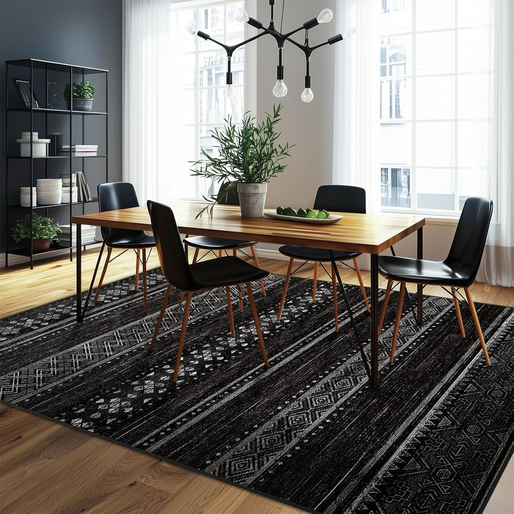 BESTSWEETIE 8x10 Area Rugs for Living Room Washable Moroccan Farmhouse Neutral Geometric Low Pile Non-Slip Soft Print Pattern Rug for Bedroom Kitchen Dining Room Entryway Black/White