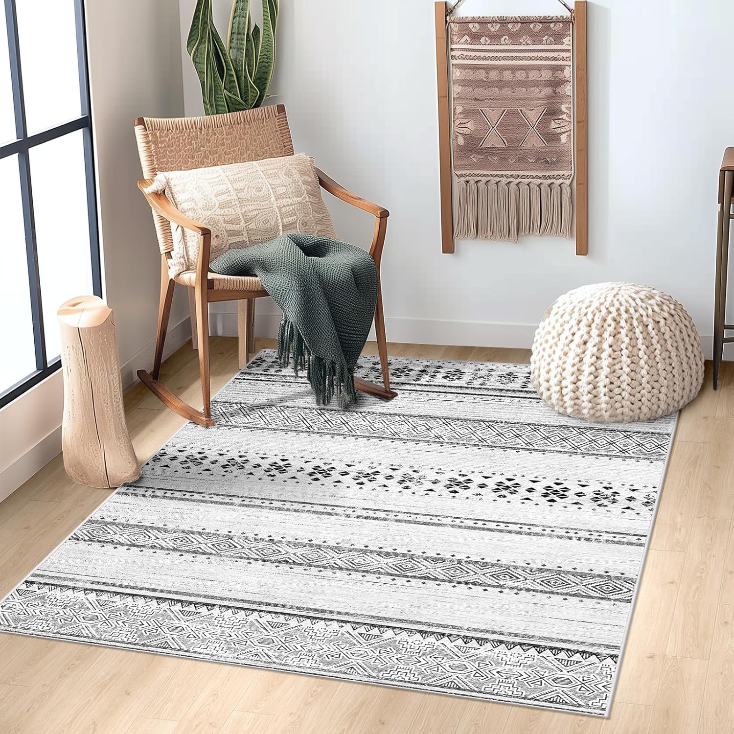 BESTSWEETIE 8x10 Area Rugs for Living Room Washable Moroccan Farmhouse Neutral Geometric Low Pile Non-Slip Soft Print Pattern Rug for Bedroom Kitchen Dining Room Entryway Black/White