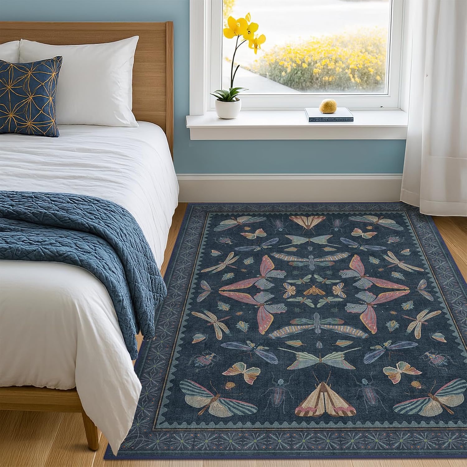 Living Room Rug Black Boho 6x9 - Dining Room Rugs for Under Table, Bedroom, Insect Bug Eclectic Home Décor, Washable Non Slip Foldable