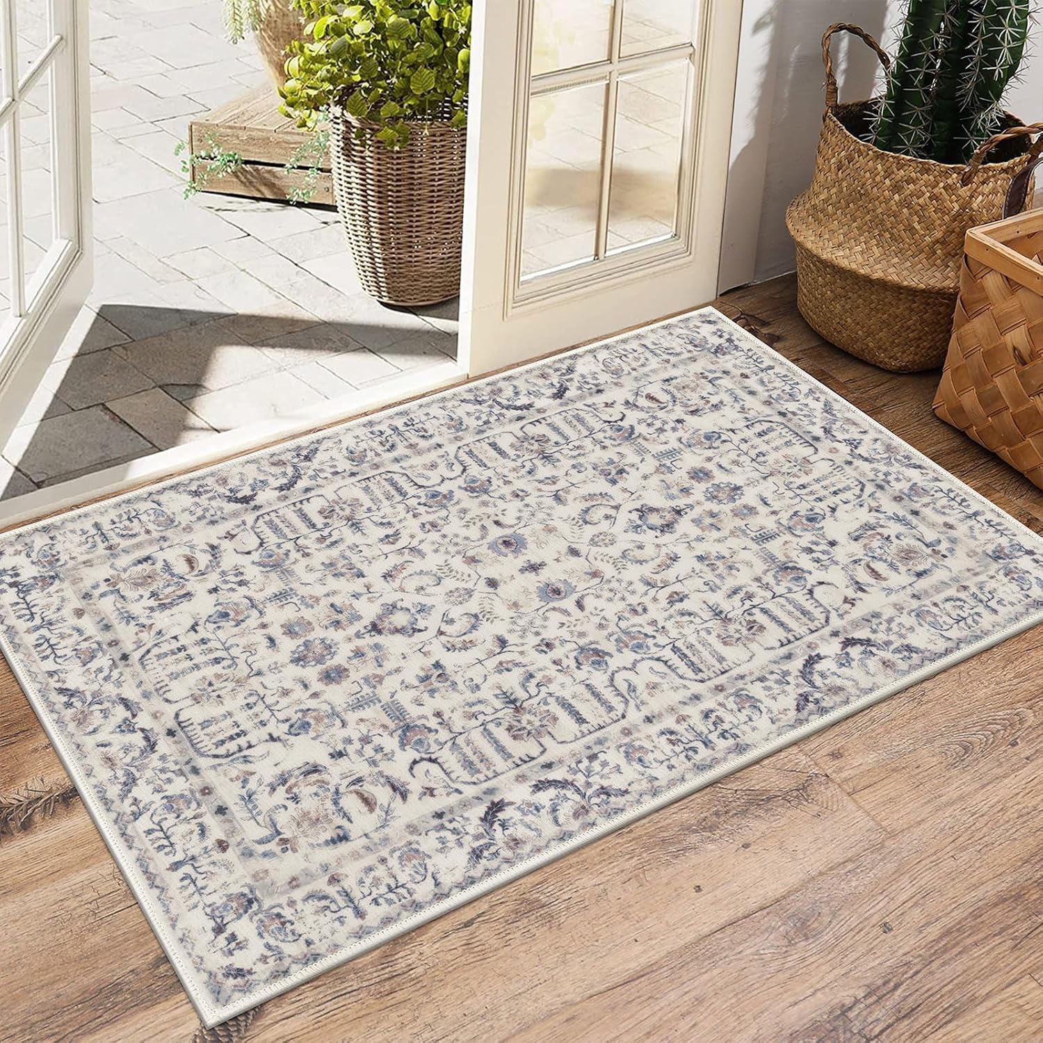 U'Artlines Boho Vintage Area Rug 8x10 Machine Washable Low Pile Soft Floor Carpet Non Slip Non Shedding Accent Rug for Living Room Bedroom Entryway Dining Room Office Cream Tan