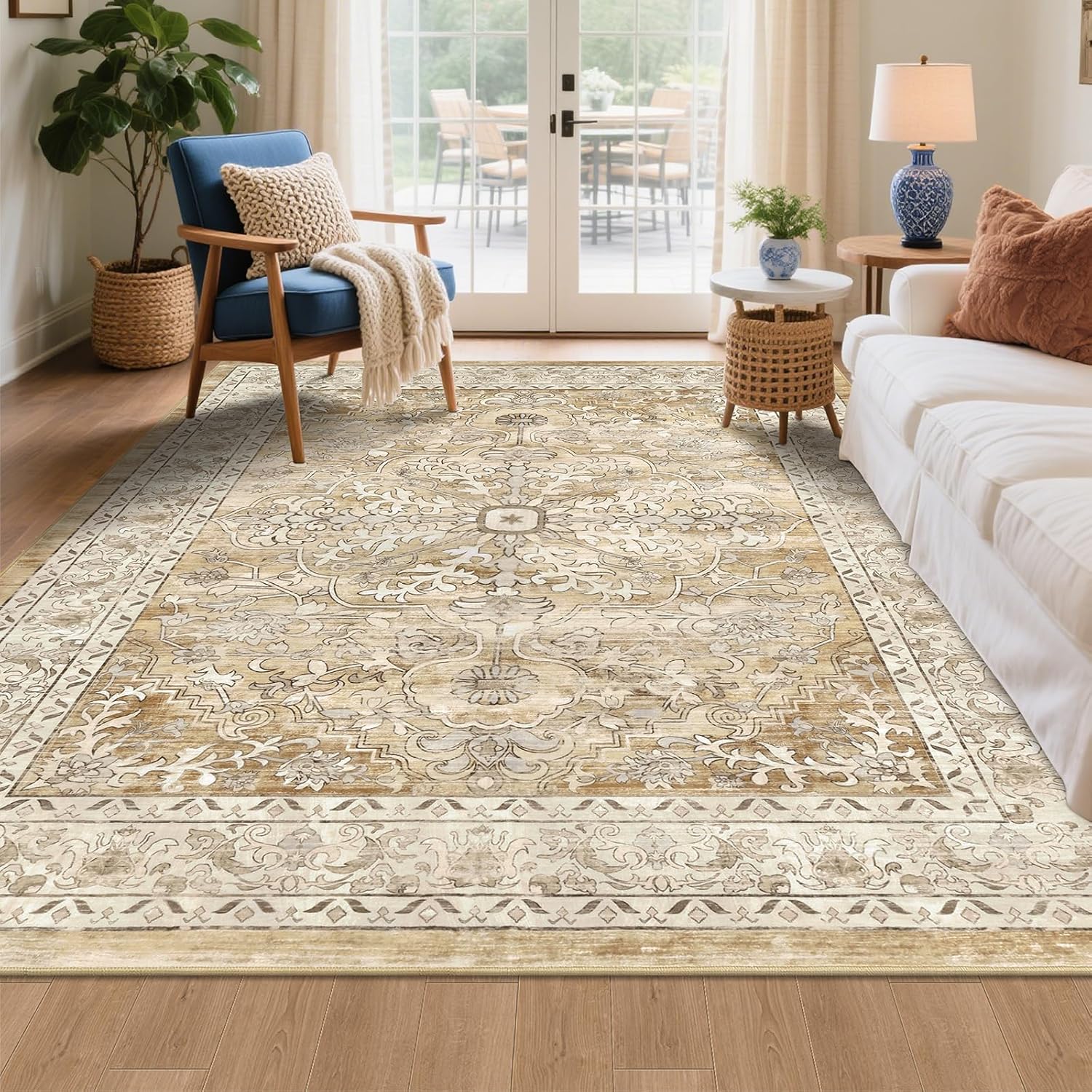 U'Artlines Boho Vintage Area Rug 8x10 Machine Washable Low Pile Soft Floor Carpet Non Slip Non Shedding Accent Rug for Living Room Bedroom Entryway Dining Room Office Cream Tan