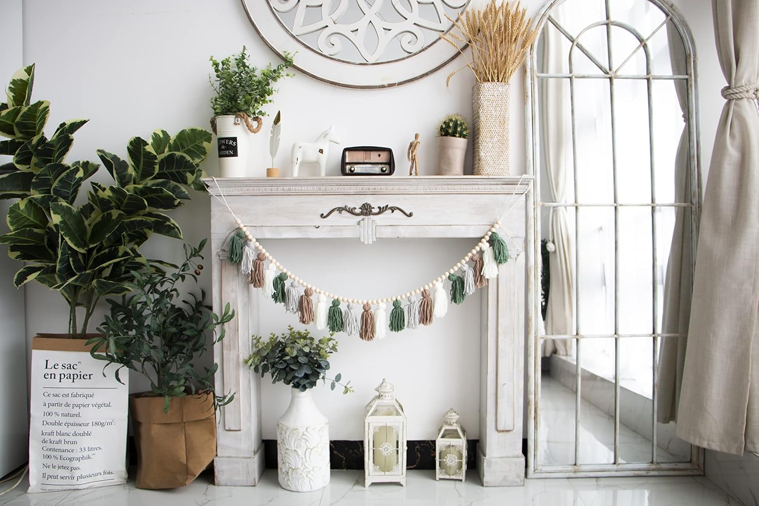 Decocove Tassel Garland - Boho Tassel Garland with Wood Beads - Wall Decor for Dorm, Girls Room and Nursery Room - Olive Green (50 inch)