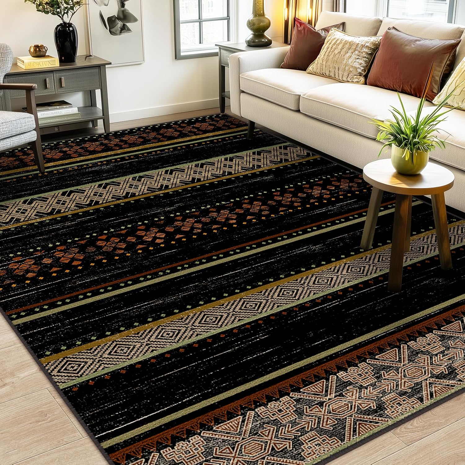 BESTSWEETIE 8x10 Area Rugs for Living Room Washable Moroccan Farmhouse Neutral Geometric Low Pile Non-Slip Soft Print Pattern Rug for Bedroom Kitchen Dining Room Entryway Black/Brown