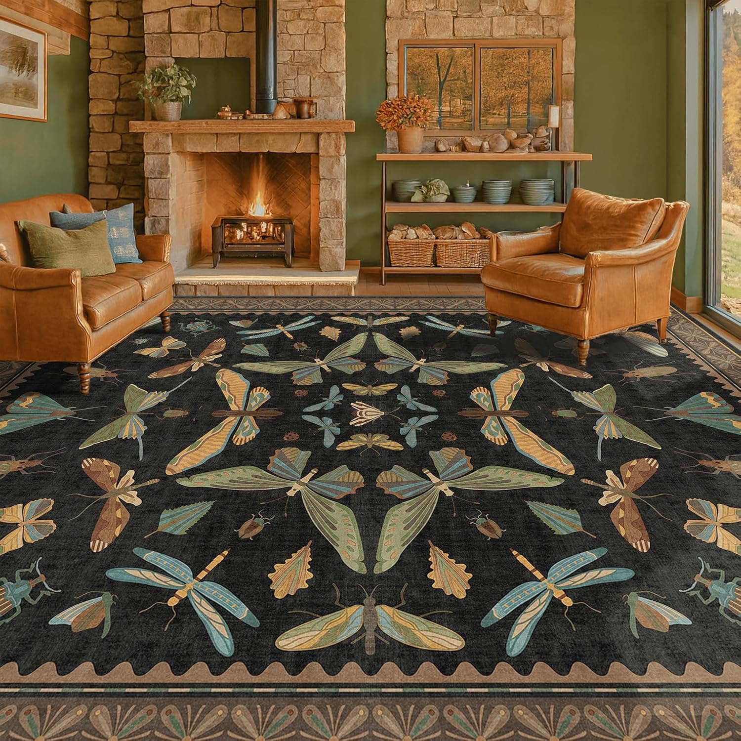 Living Room Rug Black Boho 6x9 - Dining Room Rugs for Under Table, Bedroom, Insect Bug Eclectic Home Décor, Washable Non Slip Foldable