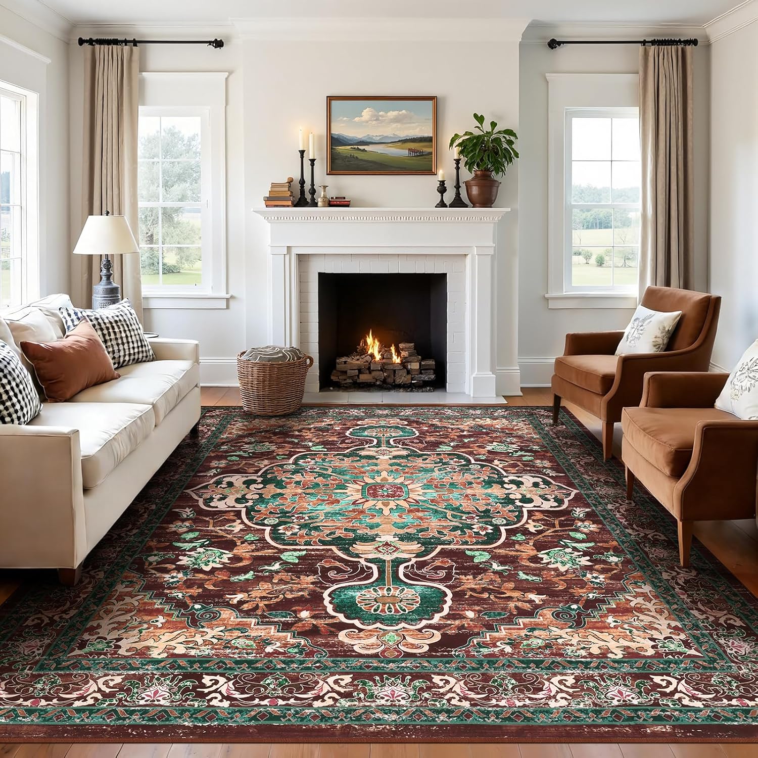 U'Artlines Boho Vintage Area Rug 8x10 Machine Washable Low Pile Soft Floor Carpet Non Slip Non Shedding Accent Rug for Living Room Bedroom Entryway Dining Room Office Cream Tan