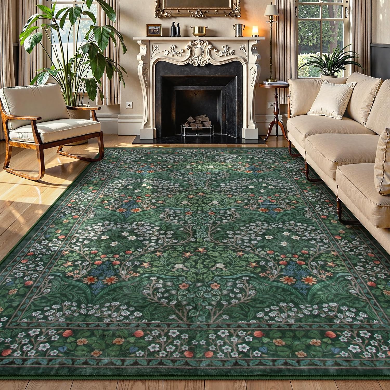 Lahome Floral Dark Green Area Rugs 8x10, Soft 8x10 Washable Rugs for Living Room Bedroom, Boho Non-Slip Forest Large Throw Carpet for Farmhouse Dining Room Office, Dark Green