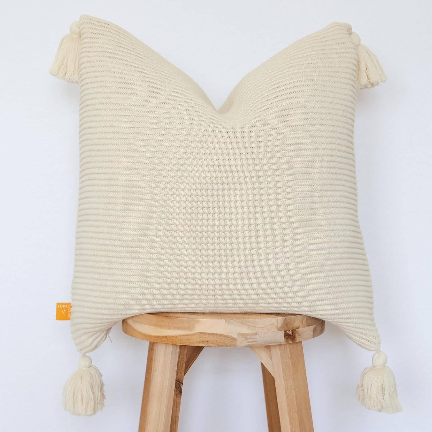 Soft Cotton Throw Pillow Cover in Neutral Beige with Ribbed Knit Texture and Tassel Corners Decorative Accent for Couch or Bed (20x20, Neutral)