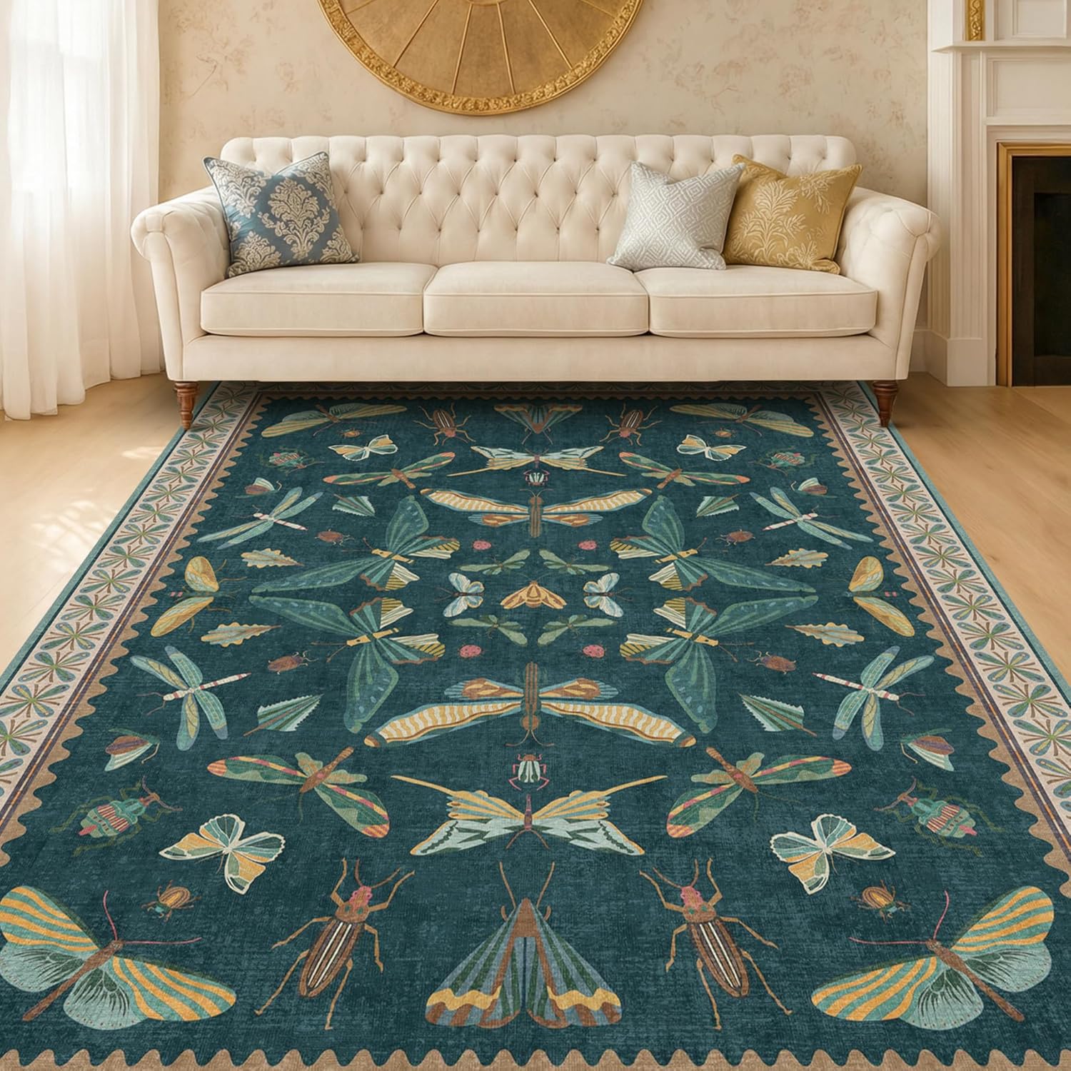 Living Room Rug Black Boho 6x9 - Dining Room Rugs for Under Table, Bedroom, Insect Bug Eclectic Home Décor, Washable Non Slip Foldable