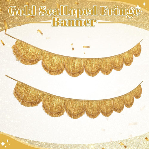 2 Pcs 7.87 ft Gold Fringe Banner, Scalloped Layered Tassel Banner, Gold Fringe Galand Party Decoration Backdrop Photo Booth for Holiday Birthday Bachelorette Wedding Bridal Shower Disco