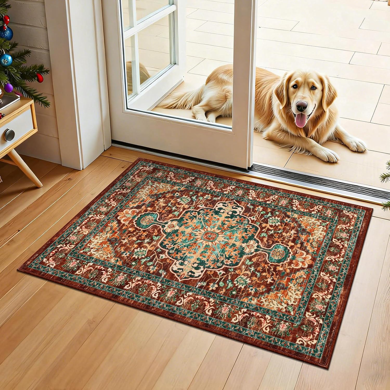 U'Artlines Boho Vintage Area Rug 8x10 Machine Washable Low Pile Soft Floor Carpet Non Slip Non Shedding Accent Rug for Living Room Bedroom Entryway Dining Room Office Cream Tan