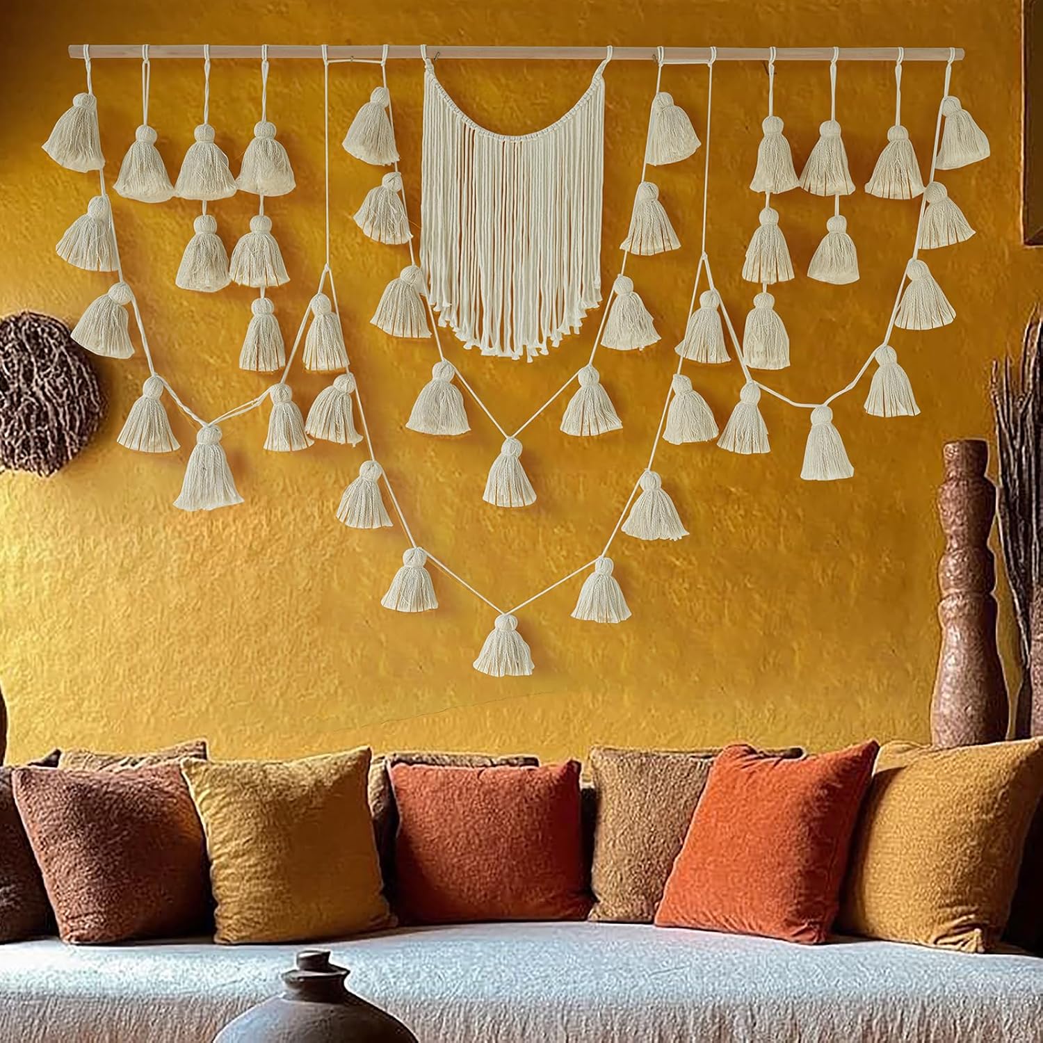 Jakalin Macrame Wall Hanging Boho Tassel Garland 57"x39" | Handmade Cotton Rope Wall Decor for Living Room, Bedroom, Nursery | Large Macrame Banner for Wedding Backdrop, Home Decoration