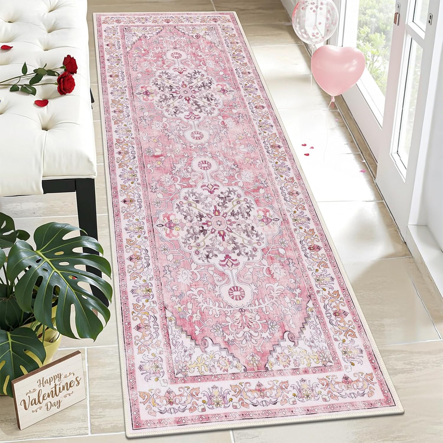 U'Artlines Boho Vintage Area Rug 8x10 Machine Washable Low Pile Soft Floor Carpet Non Slip Non Shedding Accent Rug for Living Room Bedroom Entryway Dining Room Office Cream Tan