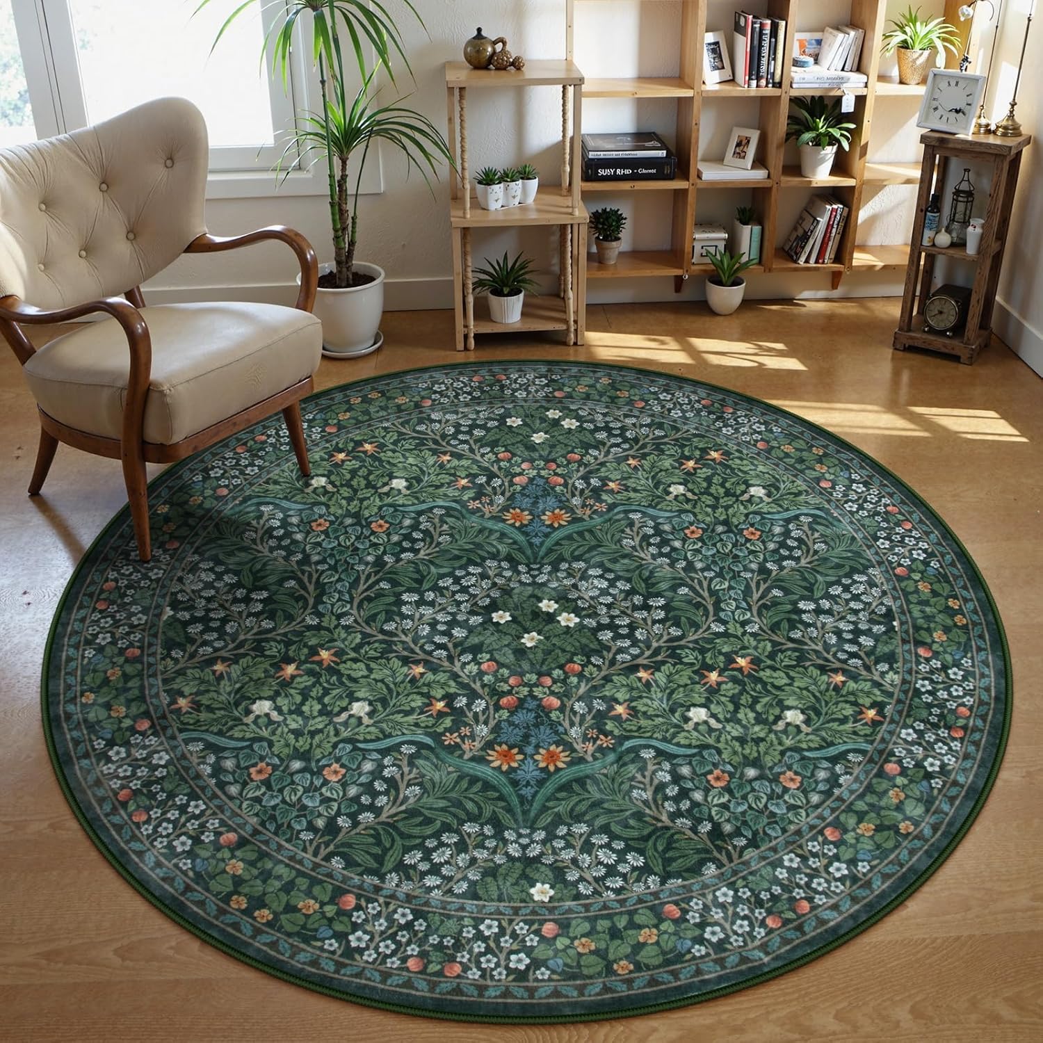 Lahome Floral Dark Green Area Rugs 8x10, Soft 8x10 Washable Rugs for Living Room Bedroom, Boho Non-Slip Forest Large Throw Carpet for Farmhouse Dining Room Office, Dark Green
