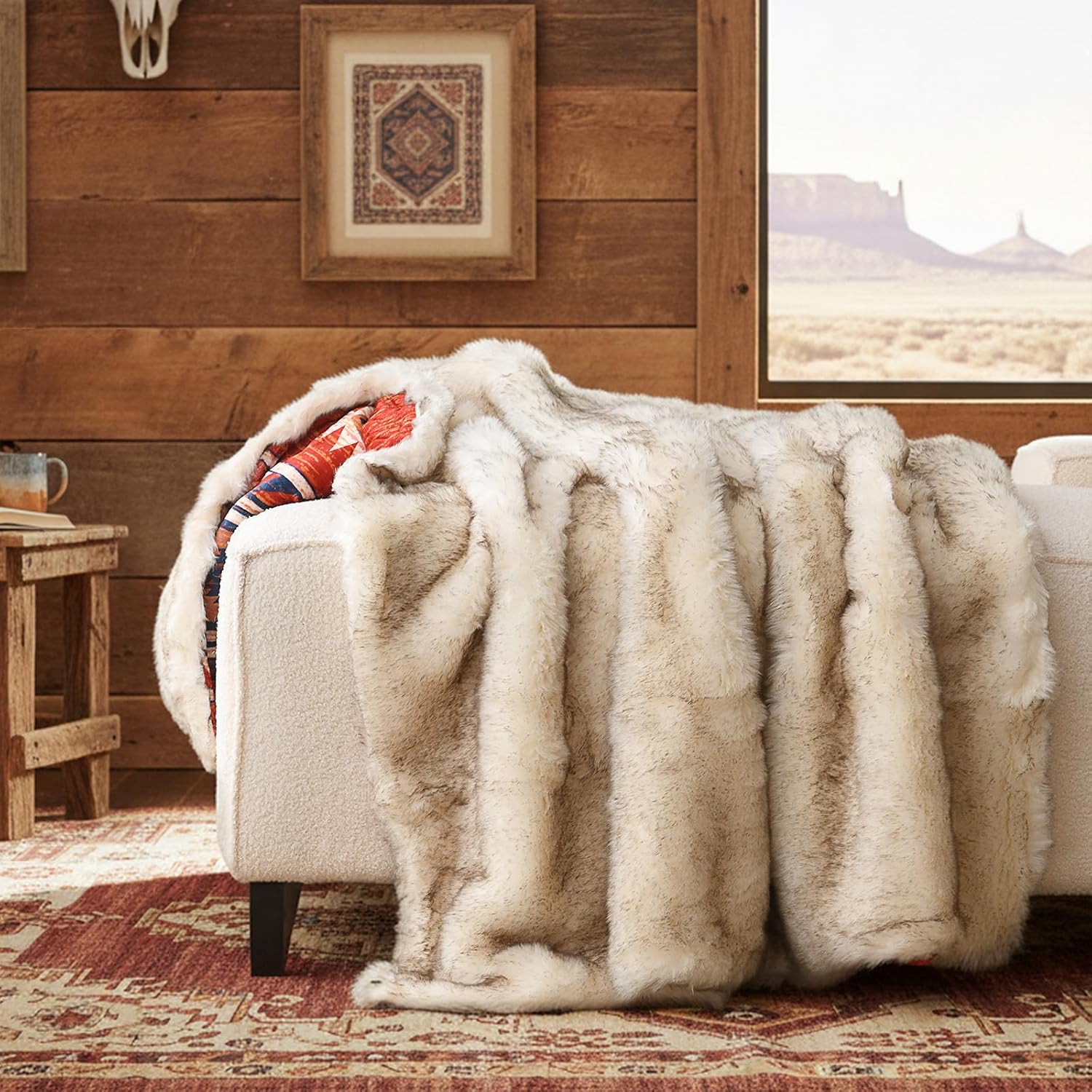 Luxury Plush Faux Fur Throw Blanket, Long Pile Brown with Black Tipped Blanket, Super Warm, Fuzzy, Elegant, Fluffy Decoration Blanket Scarf for Sofa, Armchair, Couch and Bed, 50''x 60''