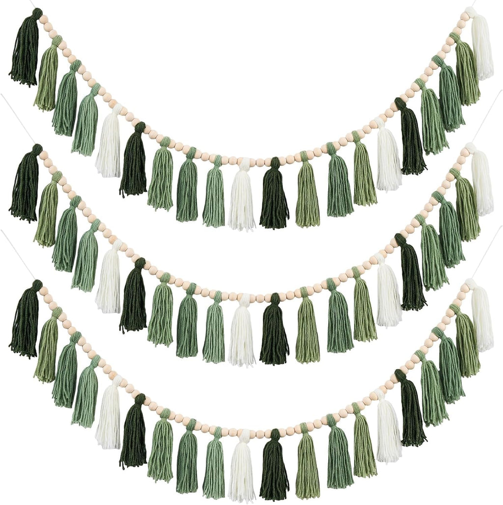 3 Pcs Green Boho Yarn Tassel Garlands Sage Green Wall Hanging Decoration with Wood Beads Neutral Woodland Forest Party Tassel Banner for Nursery Classroom Room Dorm Birthday Baby Shower Deco