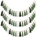 3 Pcs Green Boho Yarn Tassel Garlands Sage Green Wall Hanging Decoration with Wood Beads Neutral Woodland Forest Party Tassel Banner for Nursery Classroom Room Dorm Birthday Baby Shower Deco