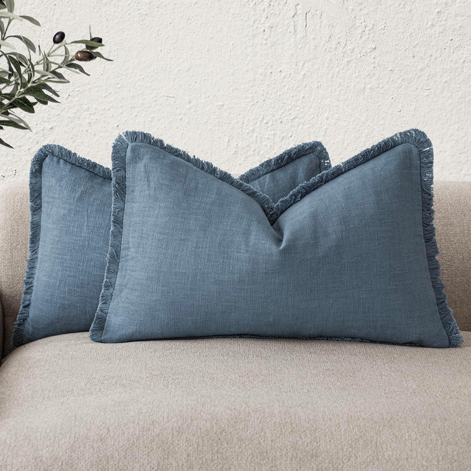 Foindtower Set of 2 Decorative Linen Fringe Throw Pillow Covers Cozy Boho Farmhouse Cushion Cover with Tassels Soft Accent Pillowcase for Couch Sofa Living Room Home Decor, 26×26 Inch, Natural Beige